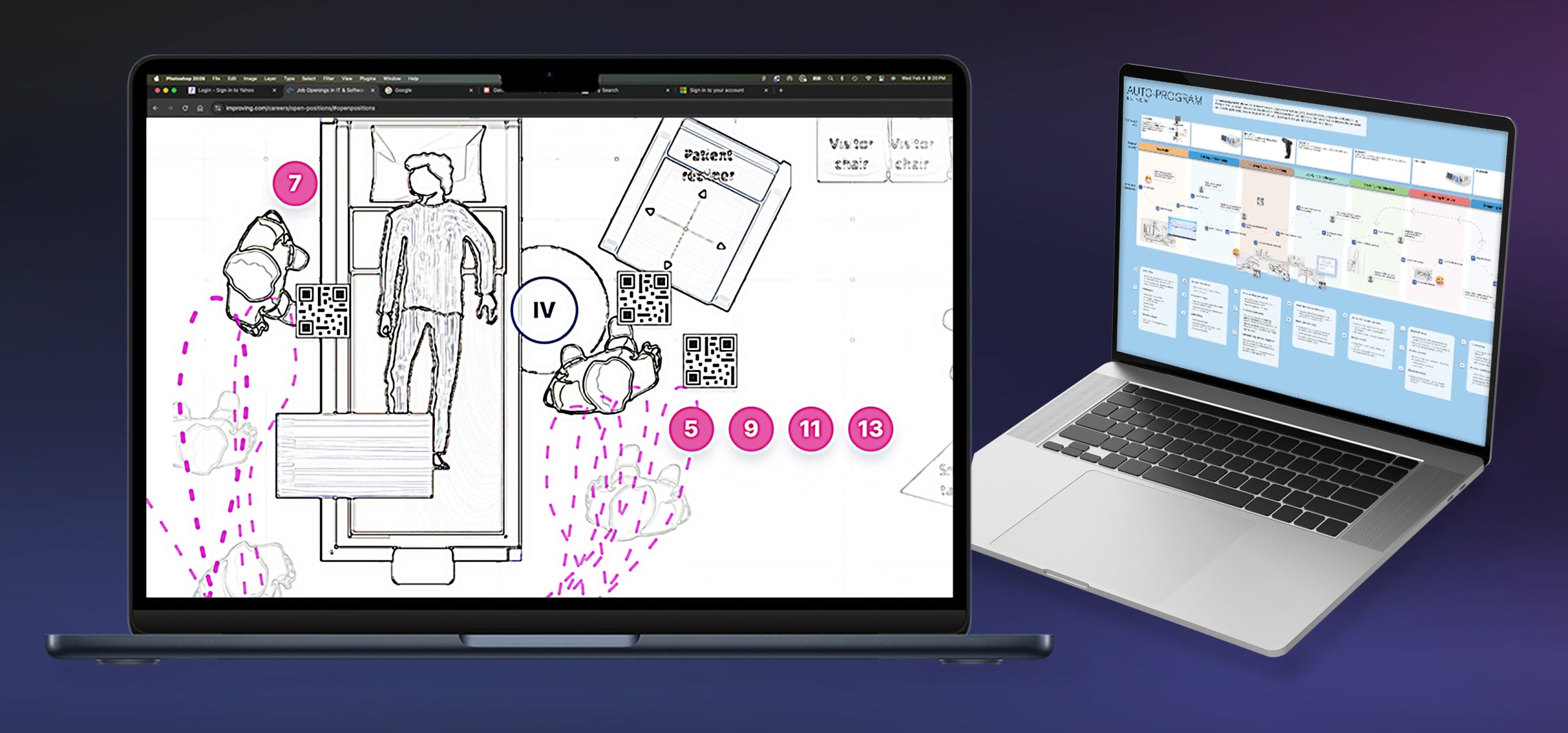 Last 100 ft workflow diagrams on 2 laptops